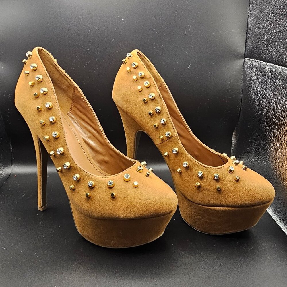 Liliana Tan Studded Platform Heels, Size 9 (Y2K Glam, Sky‑High Stiletto)